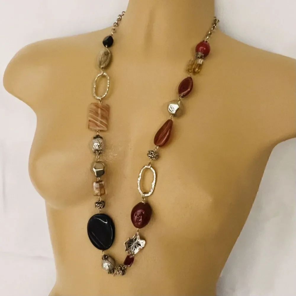 Premier Designs Art Glass Beads Necklace Earth Silver Tone Chunky Beads